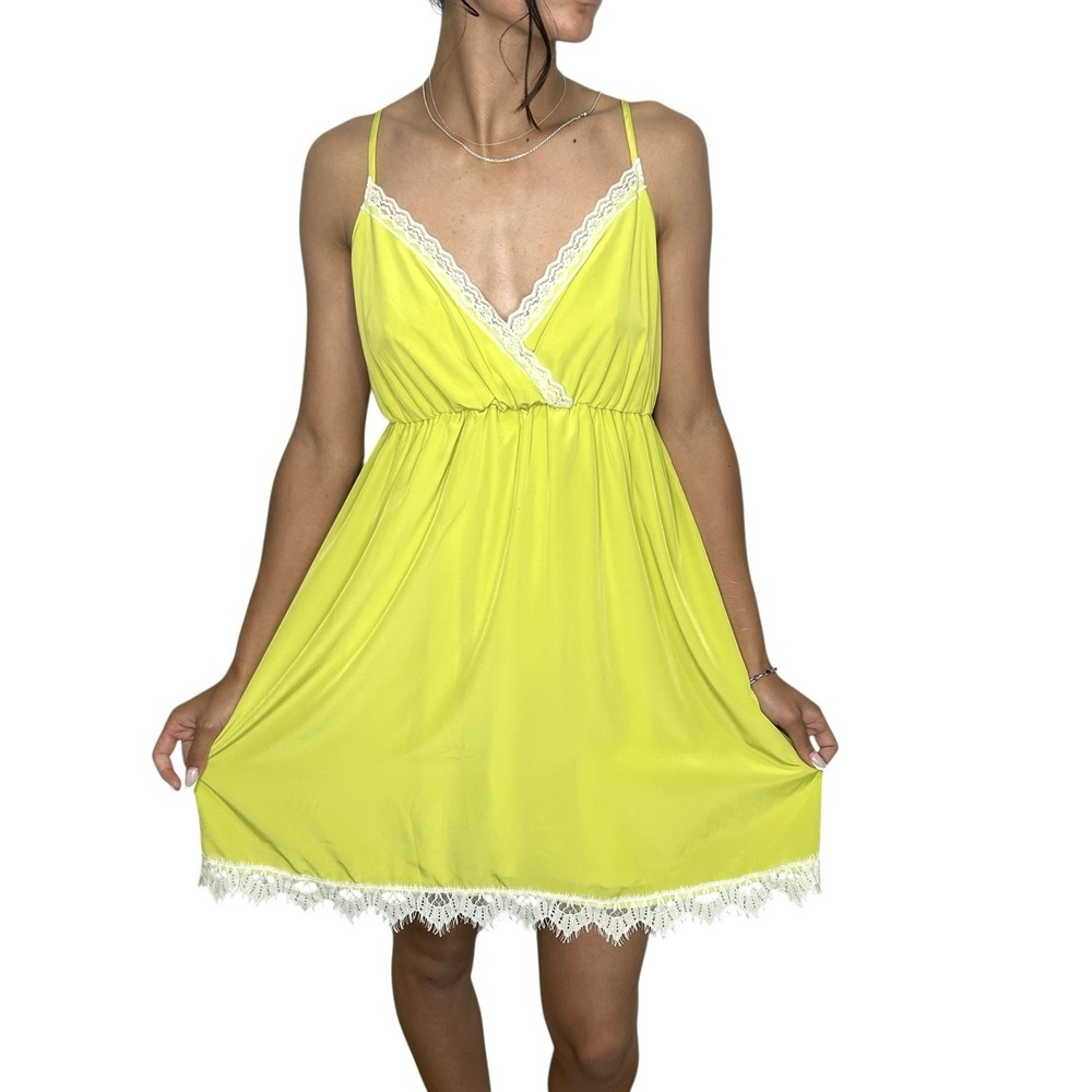 COPE Y2k Babydoll Slip Dress Small Fairy Chartreuse Lace Mini Romantic Coquette
